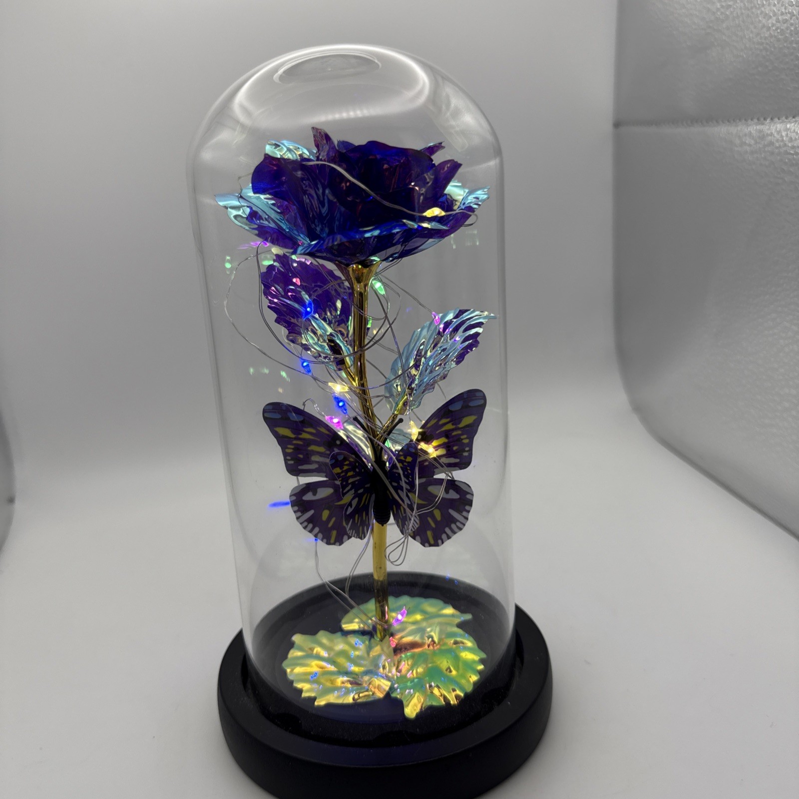 Purple Rose Flower & Butterfly in Glass Dome Cloche LED Lighted Floral Display