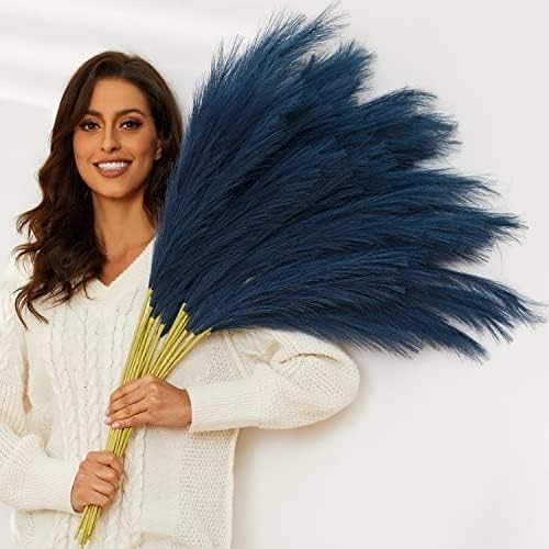 Blue Pampas Grass, 9 PCS 37”/3.1FT Tall Fluffy Fake Pompas Floral, Large Faux P