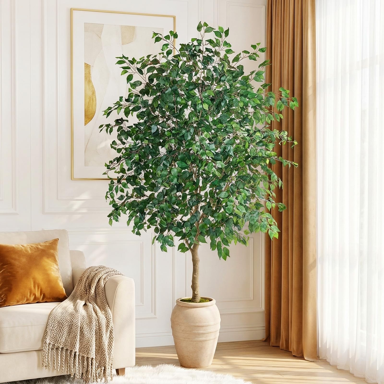 Artificial Ficus Tree 8ft – Large Tall Faux Tree with 1600+ Realistic Silk Le…