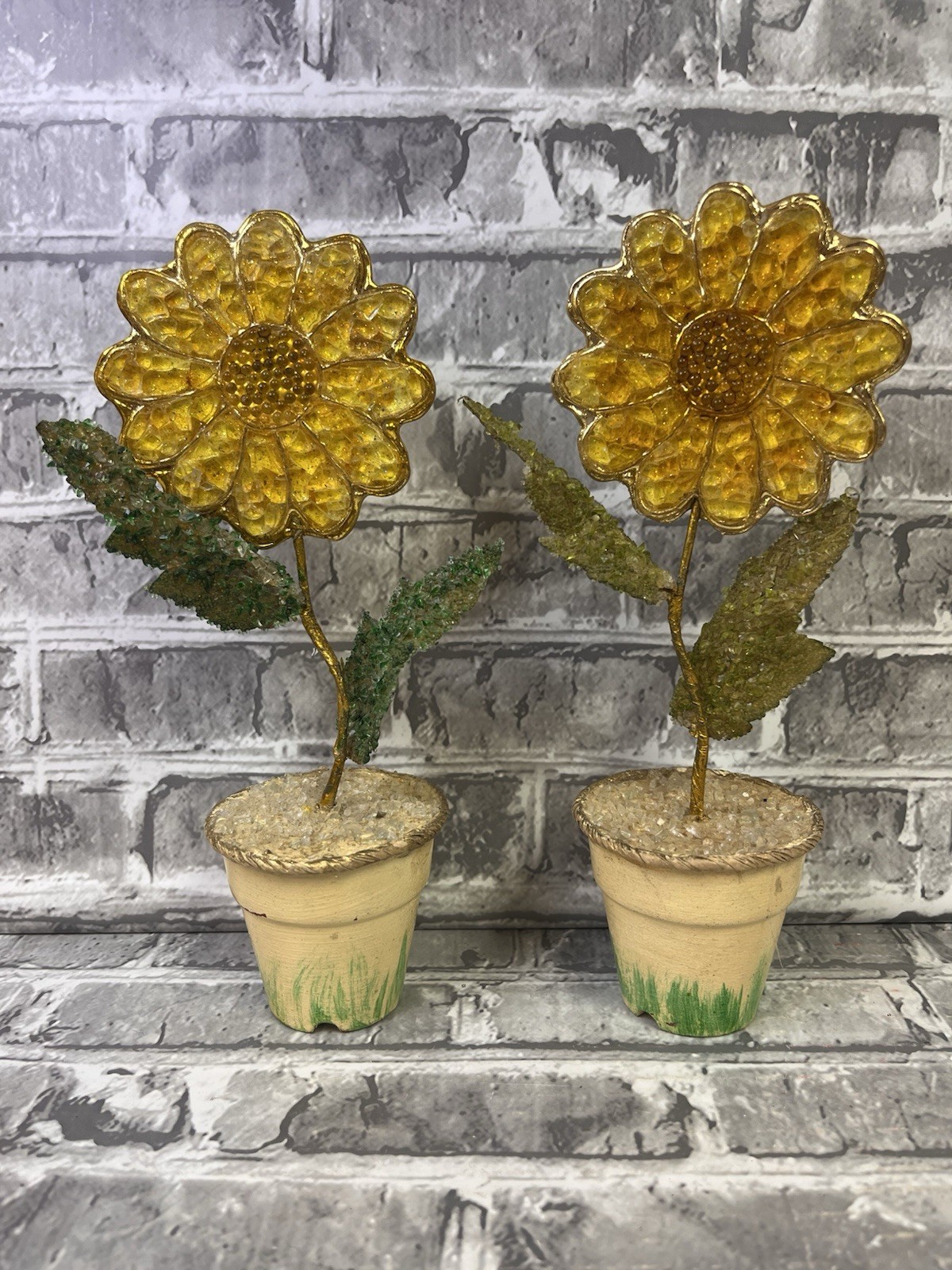 Lot Of 2 Potted Sunflowers Glitter Fused Crushed/Broken Glass