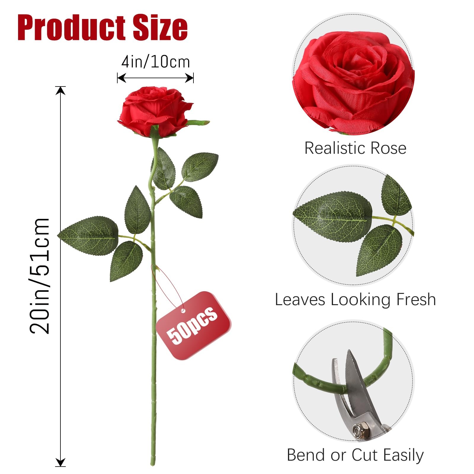 Tifuly 50pcs Red Roses in Bulk, Realistic Long Stem Fake Silk Roses B
