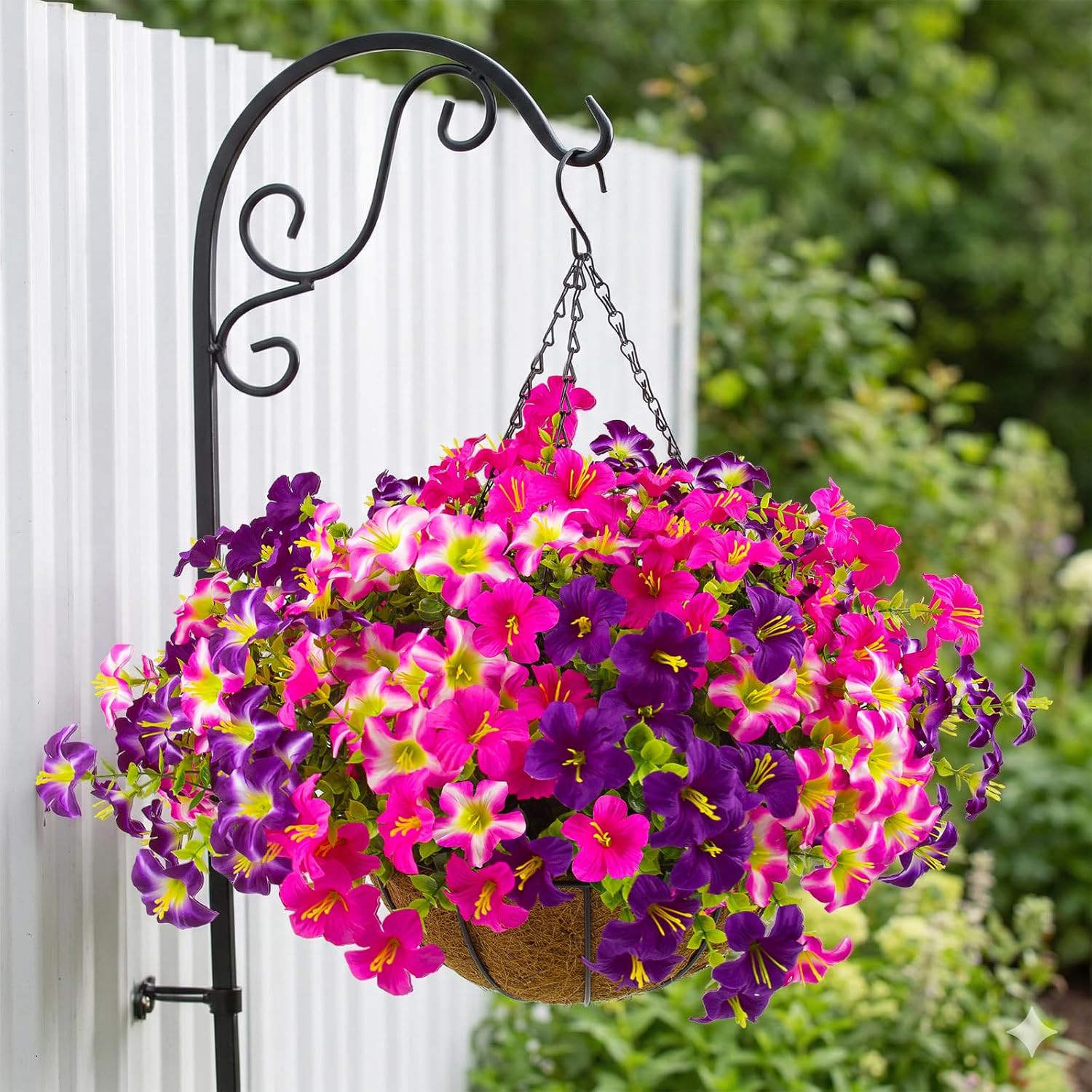 2 Set Artificial Outdoor Petunias Flowers with Hanging Baskets, 24 Pcs UV Resist