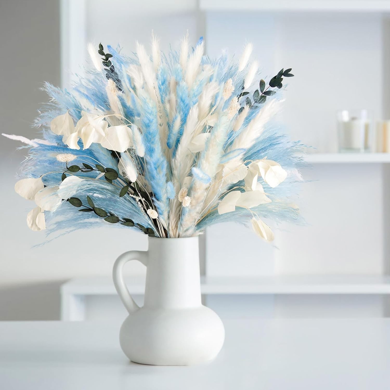 Pampas Grass Decor 101pcs Blue Dried Flowers Boho Indoor Wedding Beach Theme DIY