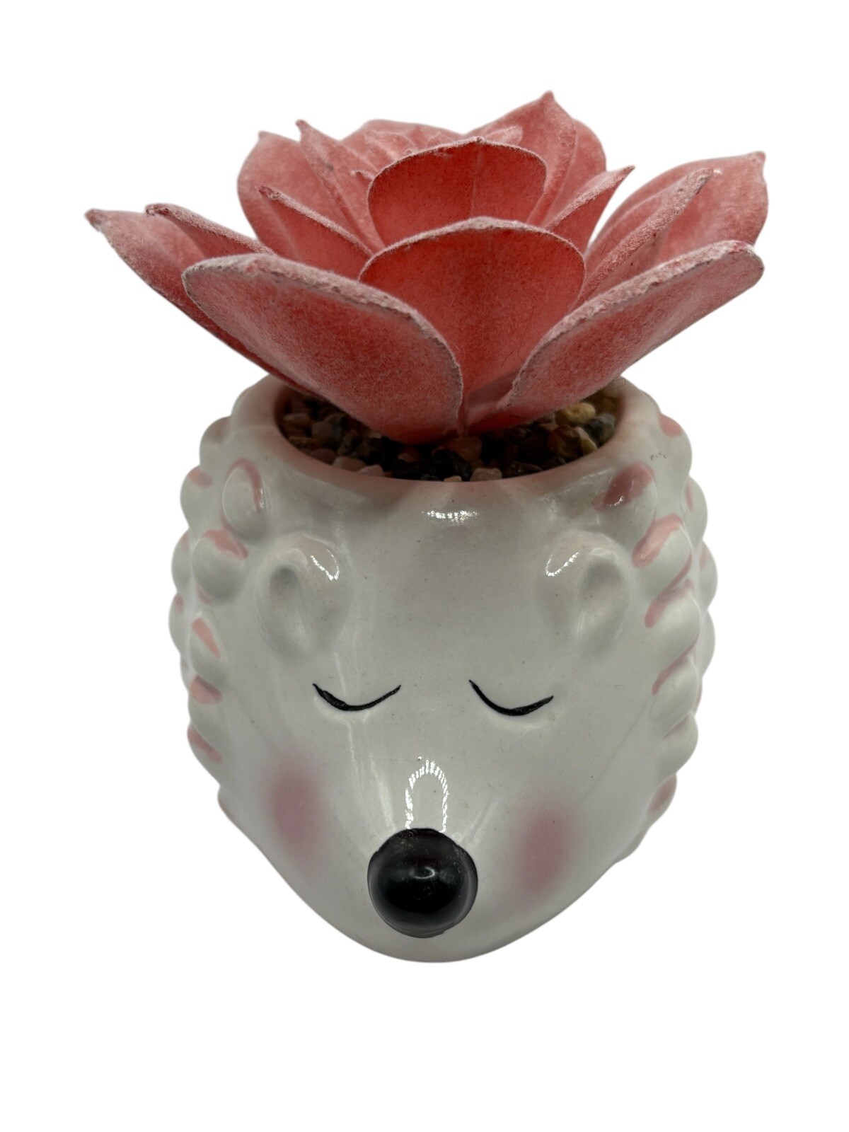 Cute Hedgehog Ceramic Flower Pot Faux Pink Succulent Animal Decoration Decor