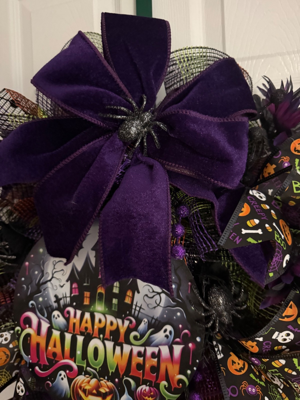 Handmade Halloween Deco Mesh Wreath | Happy Halloween Door Wreath | Purple/black