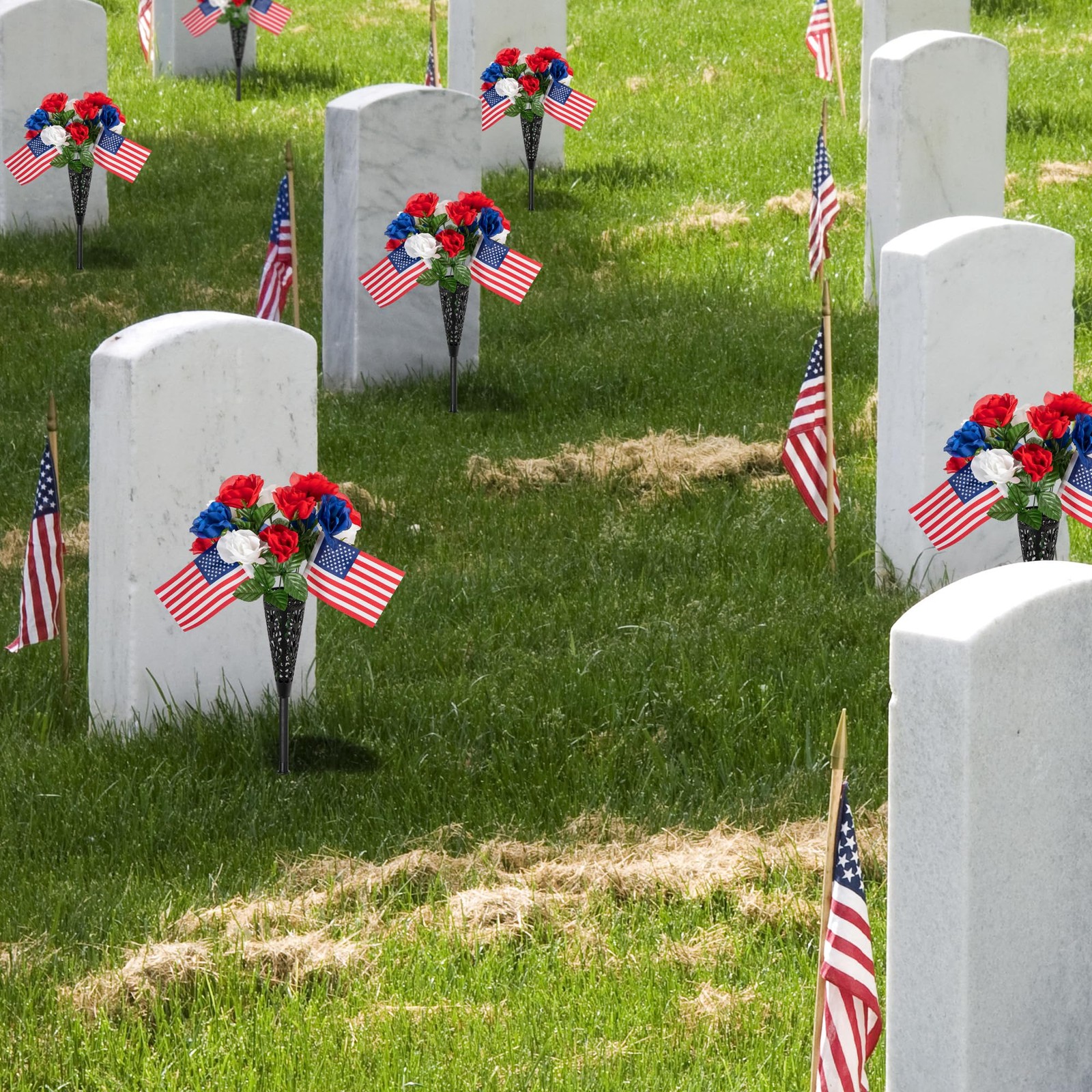 4 Bunches Memorial Day Artificial Flowers, Red Blue White Cemetery Flower wit…