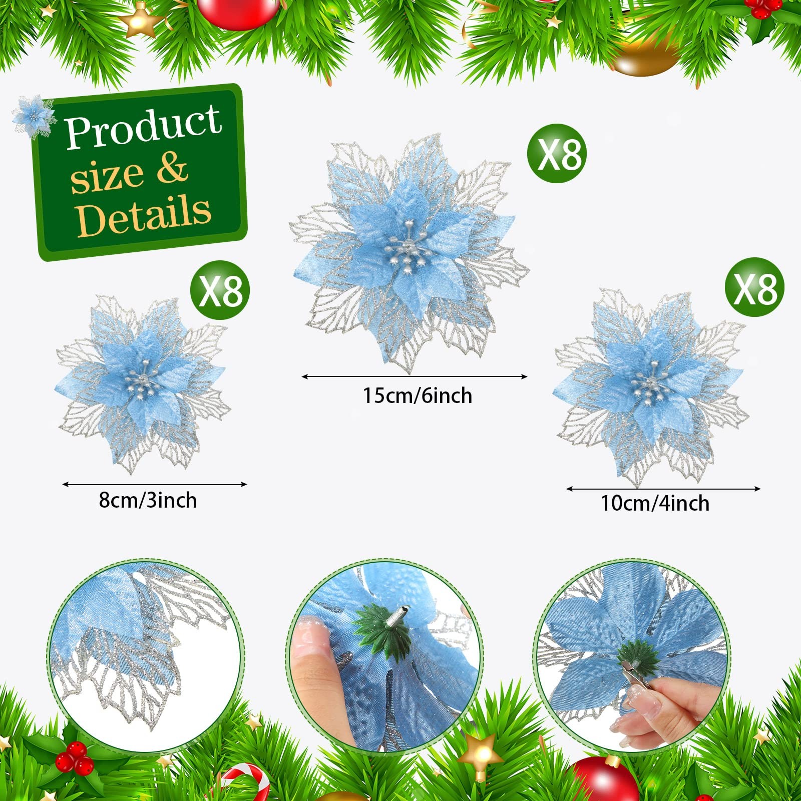 24 Pieces Happy New Year Glitter Poinsettia Flowers Blue Tree Ornament Decor