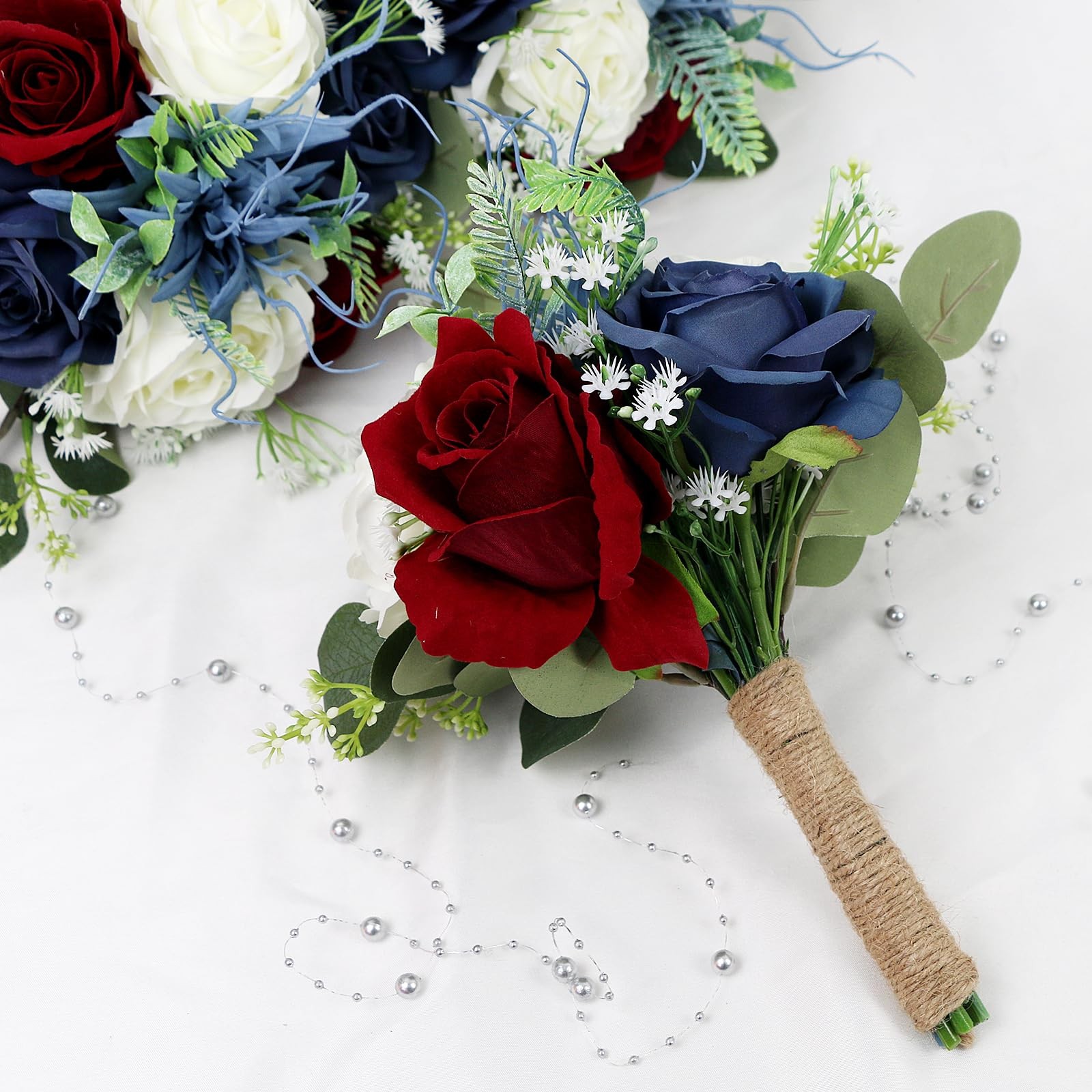 Set of 2 7-Inch Bridesmaid Bouquets, Burgundy, Navy Blue, White, Artificial