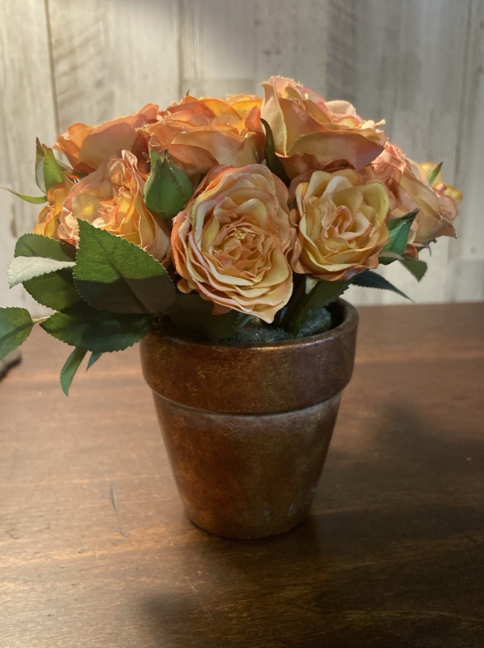 Faux Orange Rose Silk Floral Centerpiece 7 Inches Tall