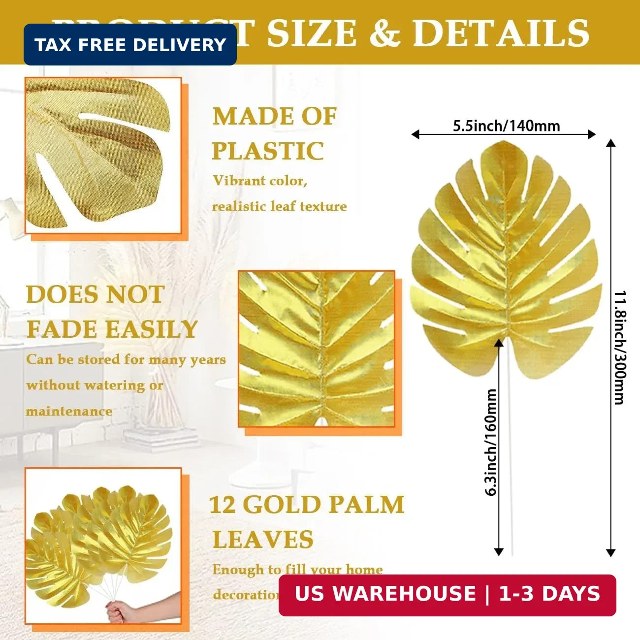 12 Pieces Artificial Palm Leaves, Golden Faux Tropical Monstera Leaves for Safar