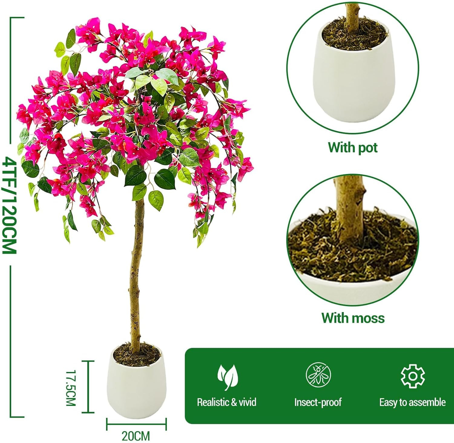 4FT Pink Bougainvillea Tree – UV-Protected Faux Plant for Indoor & Outdoor Use