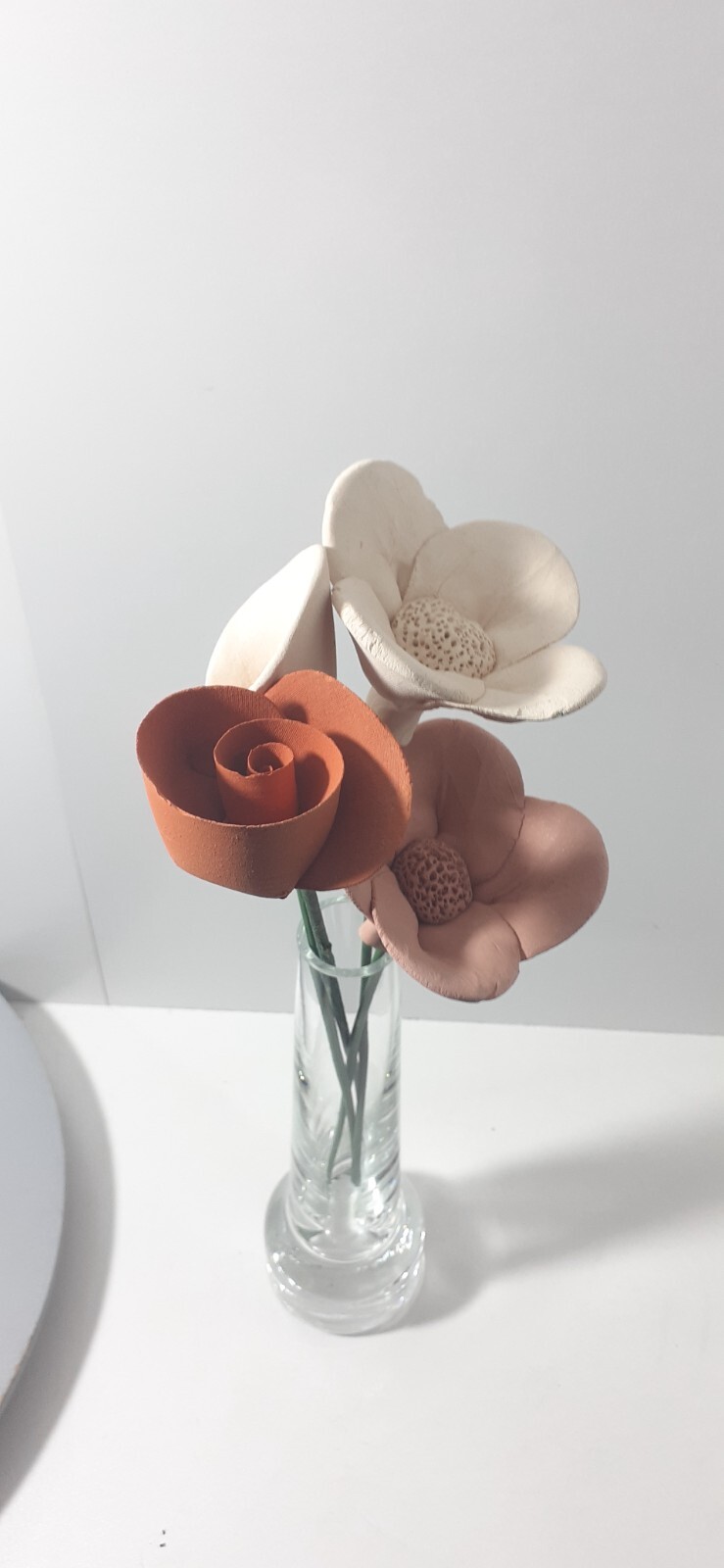 Vintage Capodimonte Handcrafted Porcelain Flowers Flexible Green Stem Clear Vase