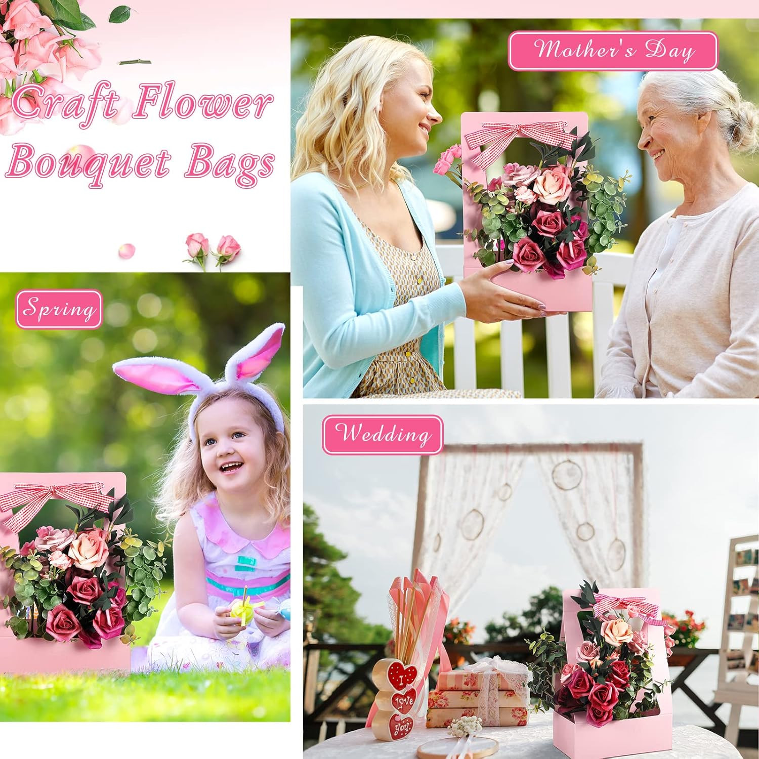 12 Pcs Mother’S Day Flower Boxes for Arrangements Paper Pink Flower Gift Bags fo