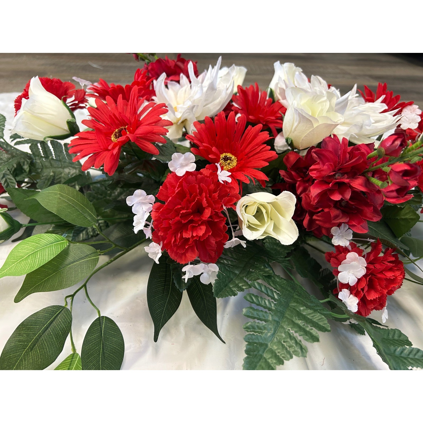 Red White Silk Floral Arrangement Gerbera Daisy Rose Centerpiece Swag 36 Inch