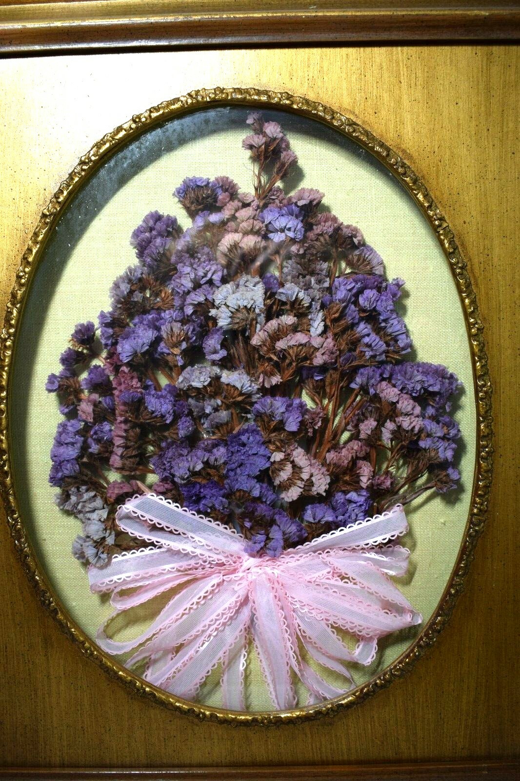 Dried Purple Statice Floral Wall Art Oval Gold Frame 19×16 Cottage Farmhouse VTG