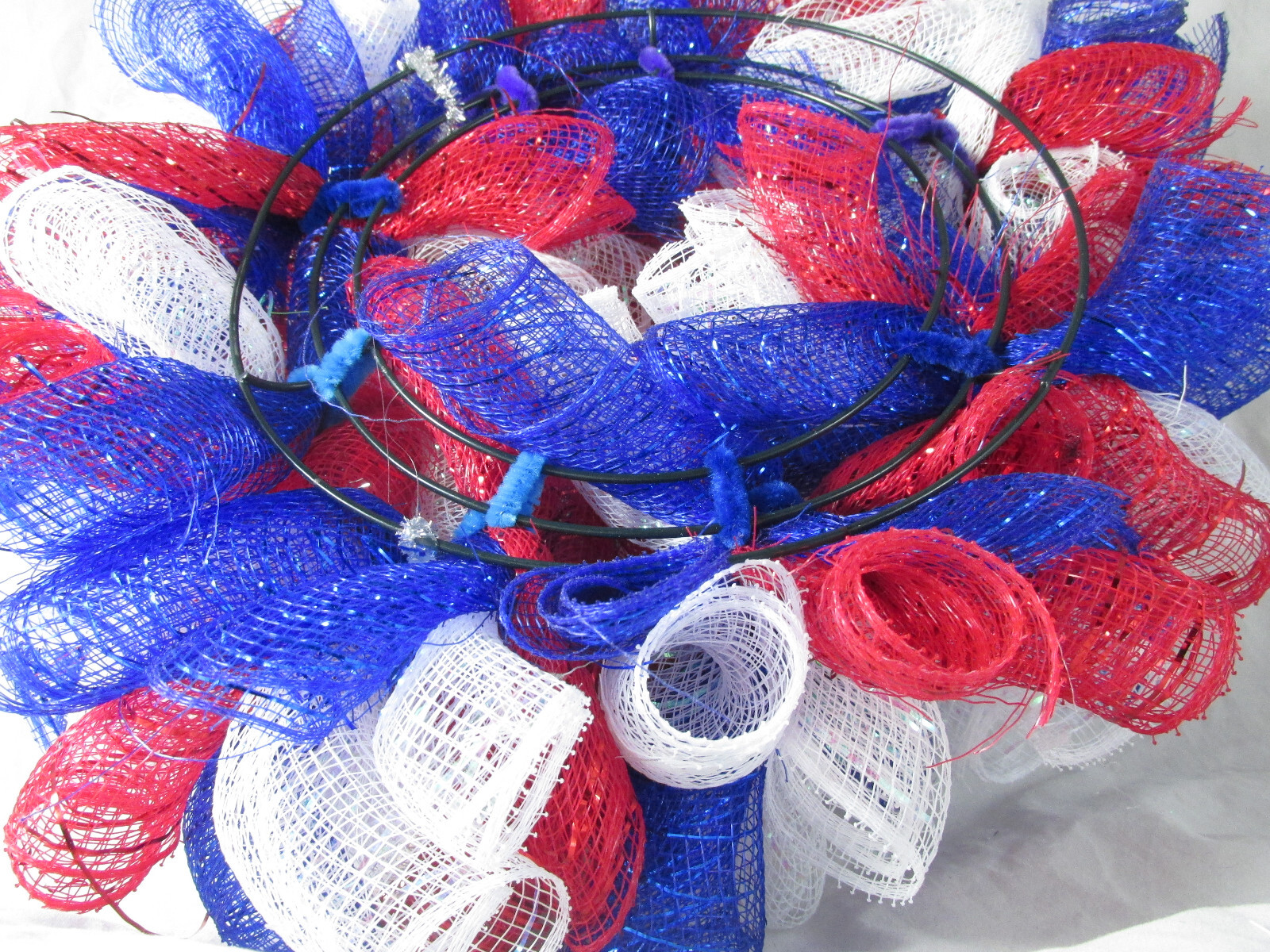 Patriotic Stars and Stripes Curly Deco Mesh Knome Wreath