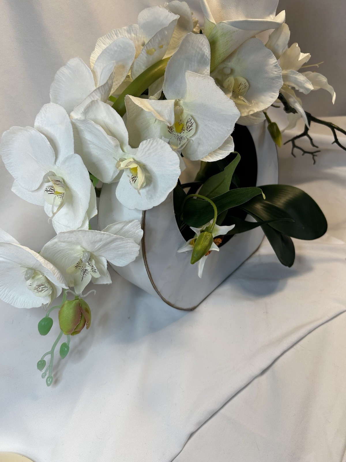 White Silk Floral Arrangement, Centerpiece contemporary Asian Zen Orchids, Lilly