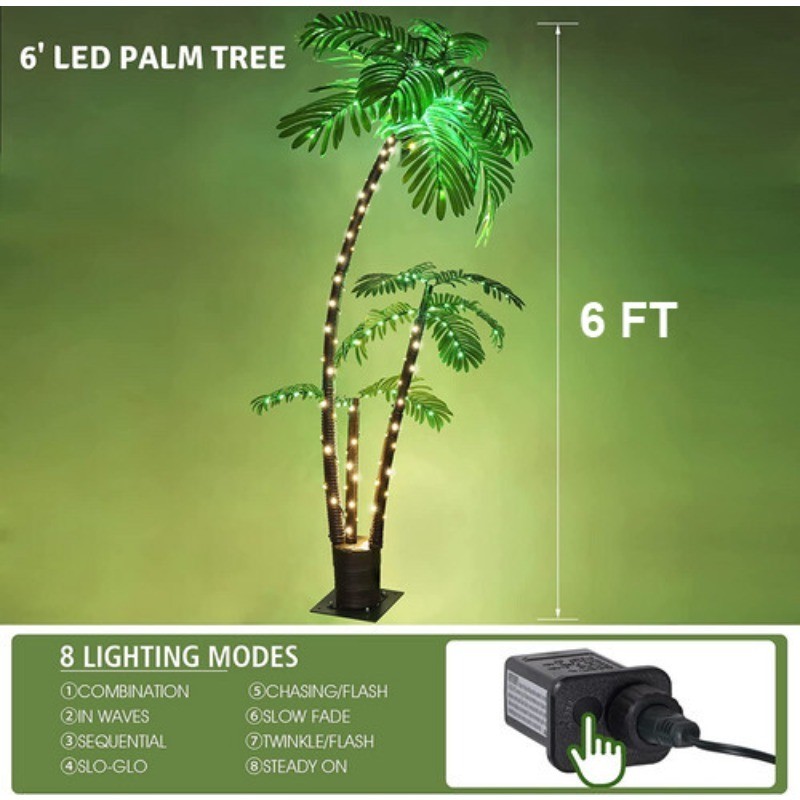 6Ft Artificial Palm Tree Outdoor for Patio Party Decor Hawaiian with 8 Modes