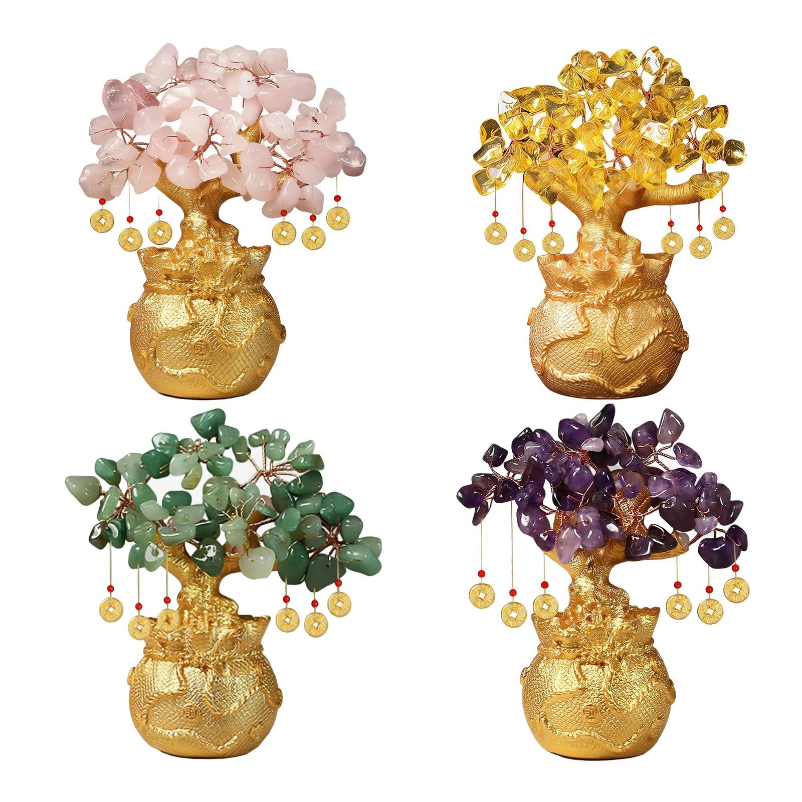 Rose Quartz Money Tree – Feng Shui Love & Wealth Golden Bag Bonsai Lucky Gems…