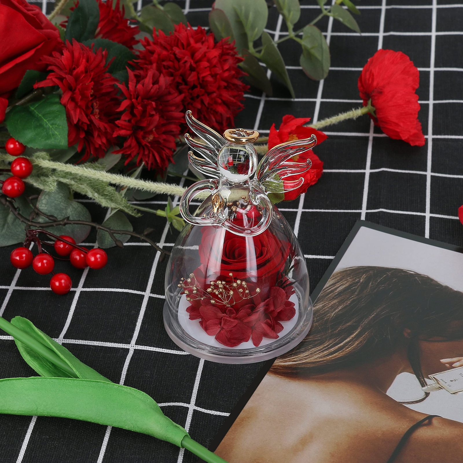 Preserved Flower Rose Gifts in Glass Angel Figurines,Birthday Gifts for Women…