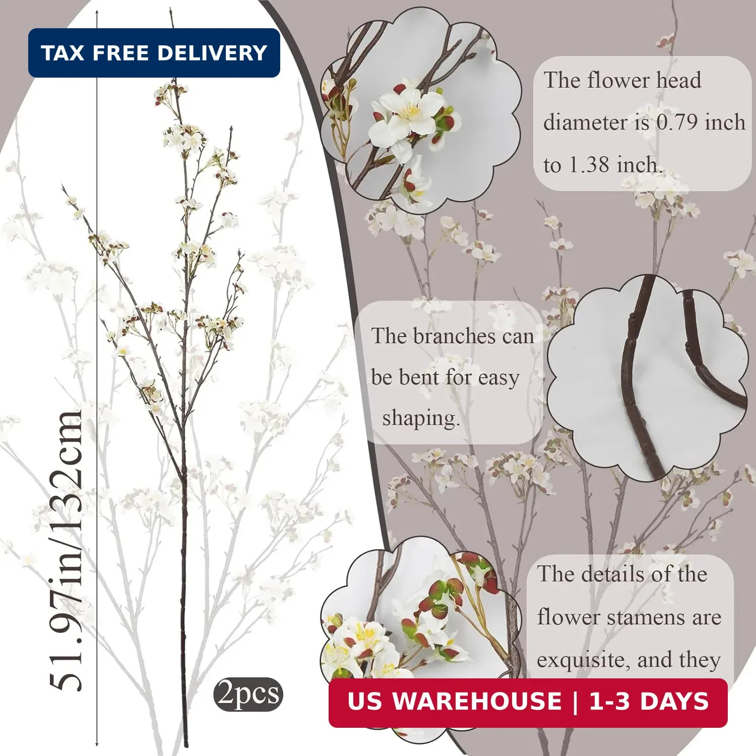 2 Pcs Cherry Blossom Branches Long Stems Fake Flowers for Spring Summer Indoor H