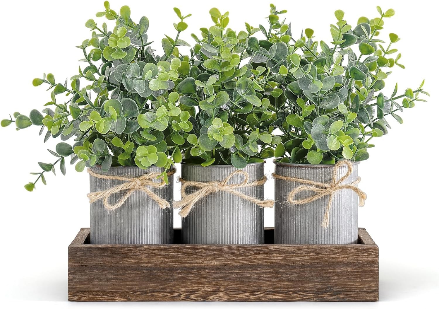 Centerpiece Table Decorations Wood Tray 3 Pots Artificial Eucalyptus Plants