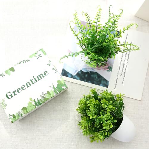 GREENTIME 2 Pack Small Fake Potted Plants for Home Decor Faux White-2 Pack