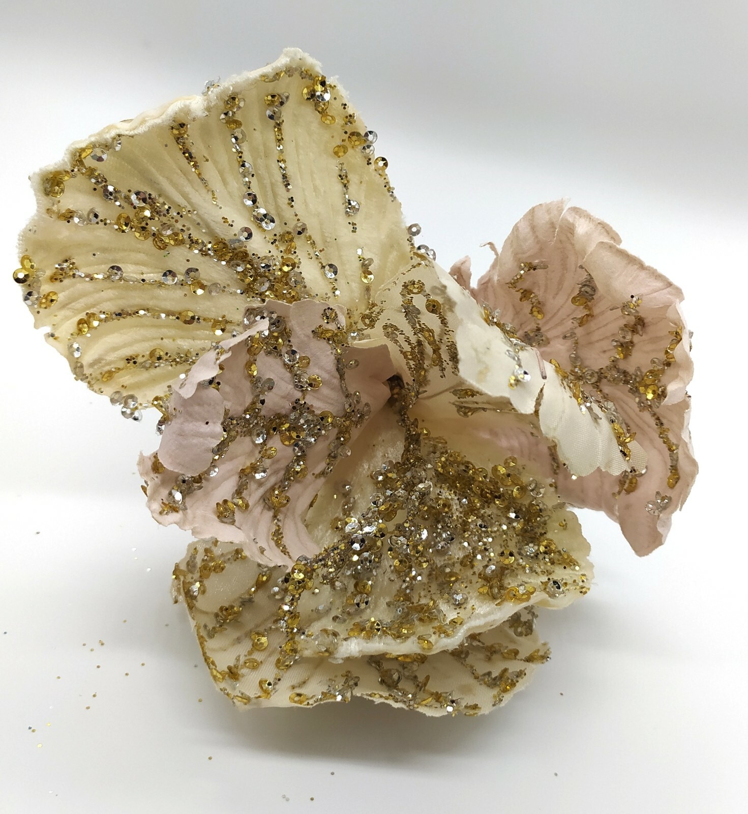 F011 Cream Hibiscus Glittered Clip On Christmas Decoration Artificial Flower
