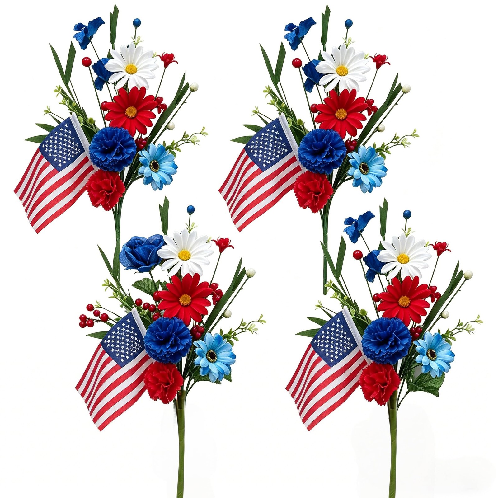 4 Pack 4th of July Picks Patriotic Artificial Red White Blue Daisy Flowers wi…
