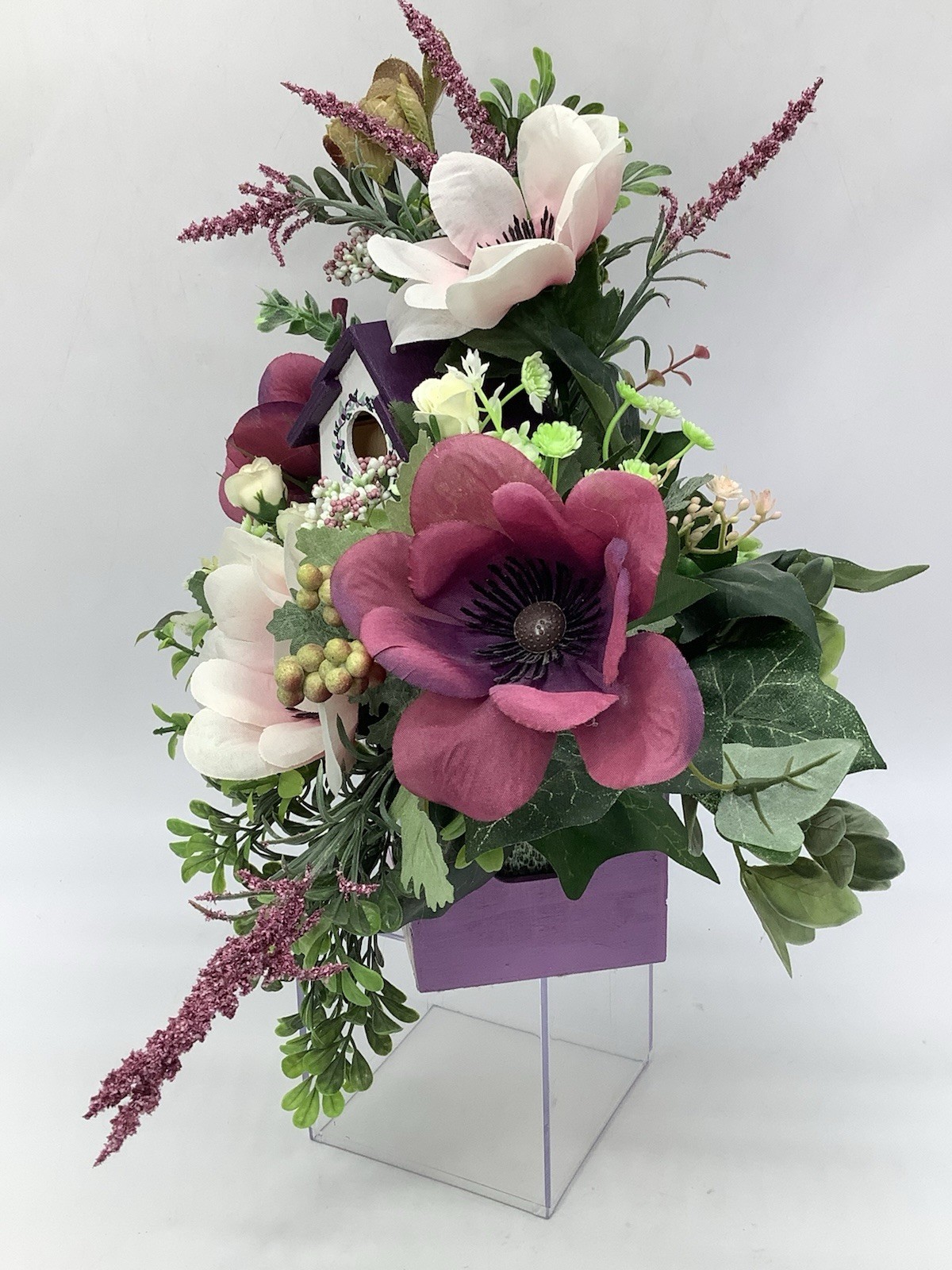 Handmade Purple Floral Arrangement With Hand painted Wood Birdhouse
