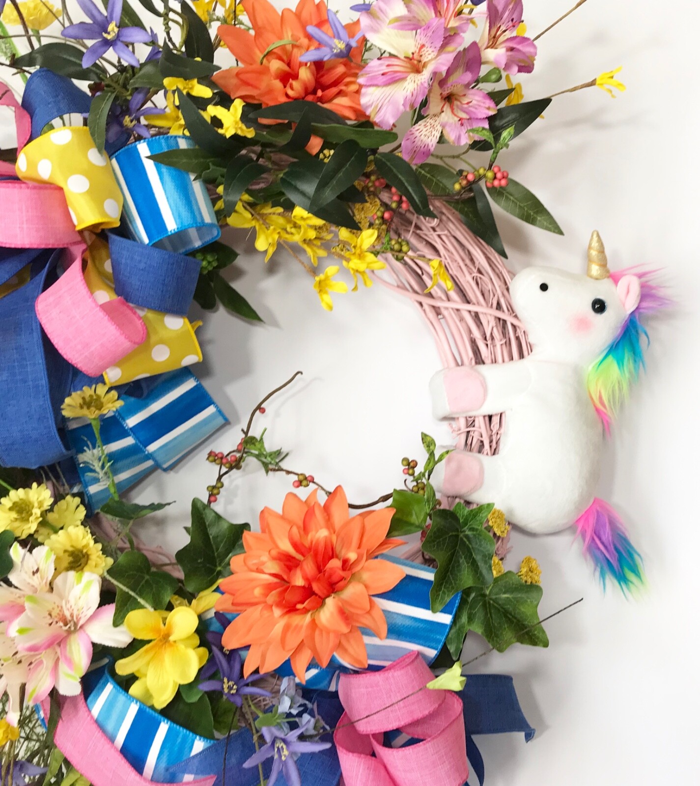 RAINBOW UNICORN PINK GRAPEVINE WREATH FRONT DOOR BRIGHT SUMMER FLOWERS DECOR NEW
