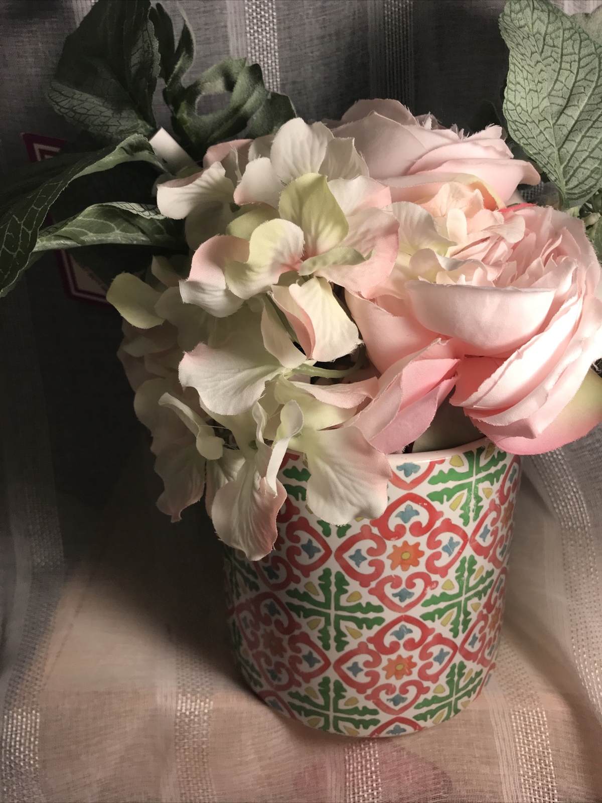 Faux Flower Centerpiece Ceramic Vase NWT Pink Cream Green Beautiful Floral Decor