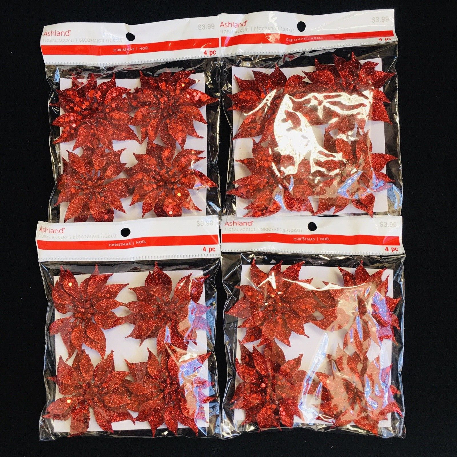 Ashland Glitter X’mas Flower 3″ Red ( Set Of 16 ) Flower Ornament X-34
