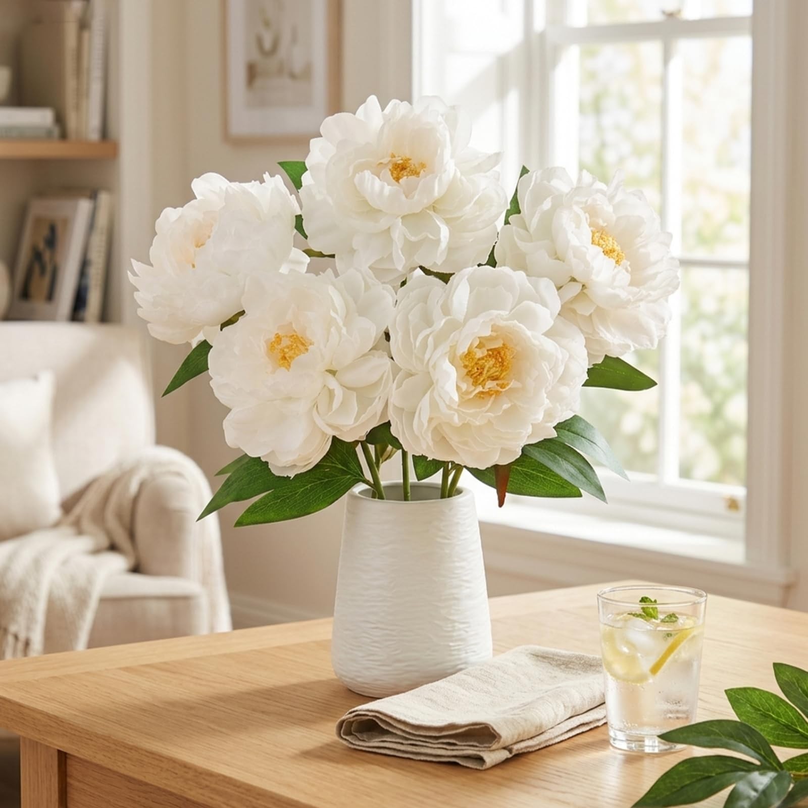 Fake Flowers White Peonies 16 Inch 6 PCS Bulk White Peony Artificial Flower S…