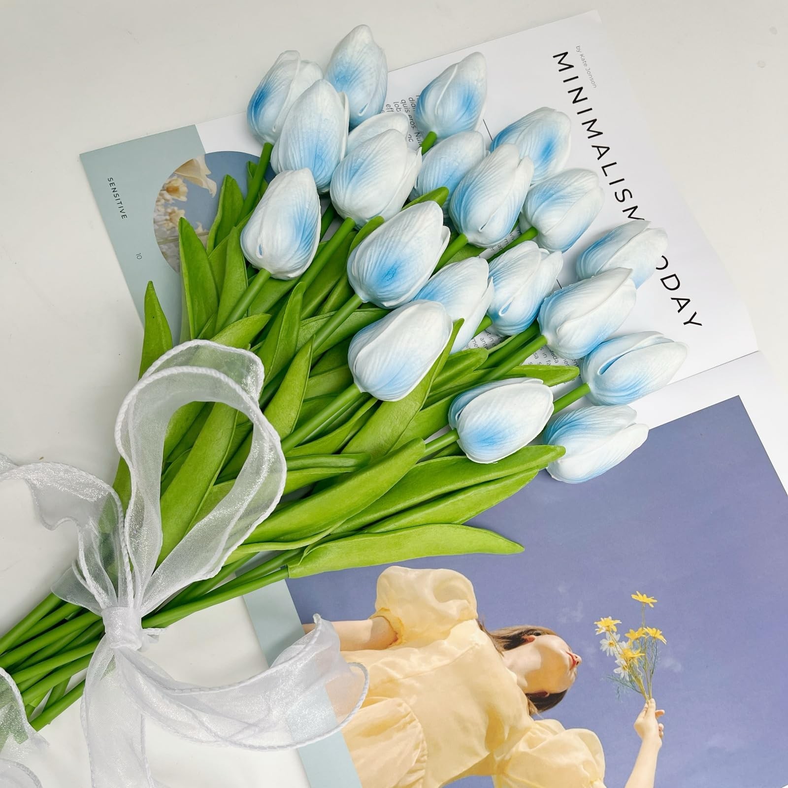 20 Pcs 13” Real Touch Light-Blue Tulips Artificial Flowers, Latex PU Fake Fau…