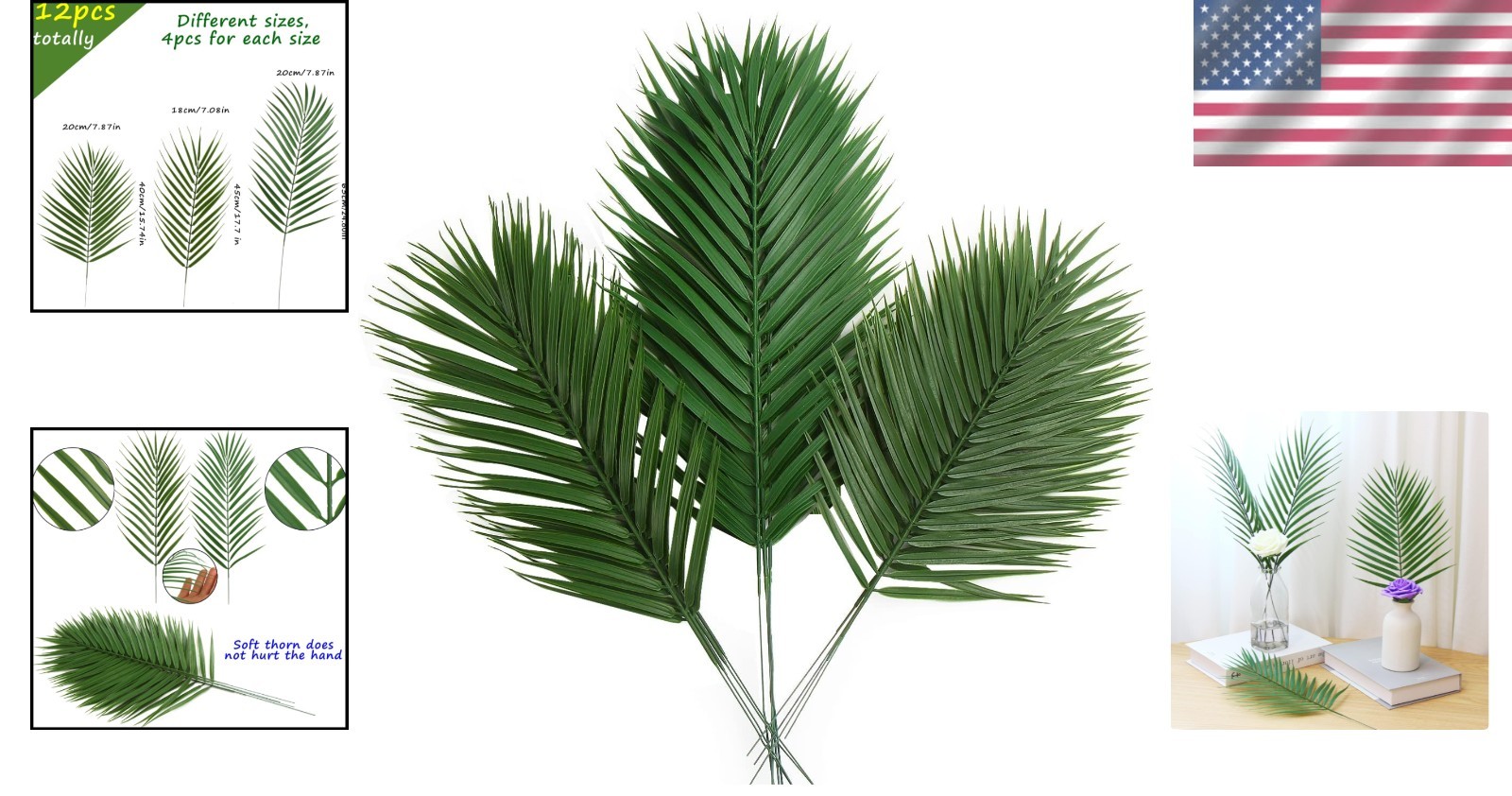 Assorted Sizes Faux Palm Fronds – 12 PCS Tropical Leaves for Weddings & Parties
