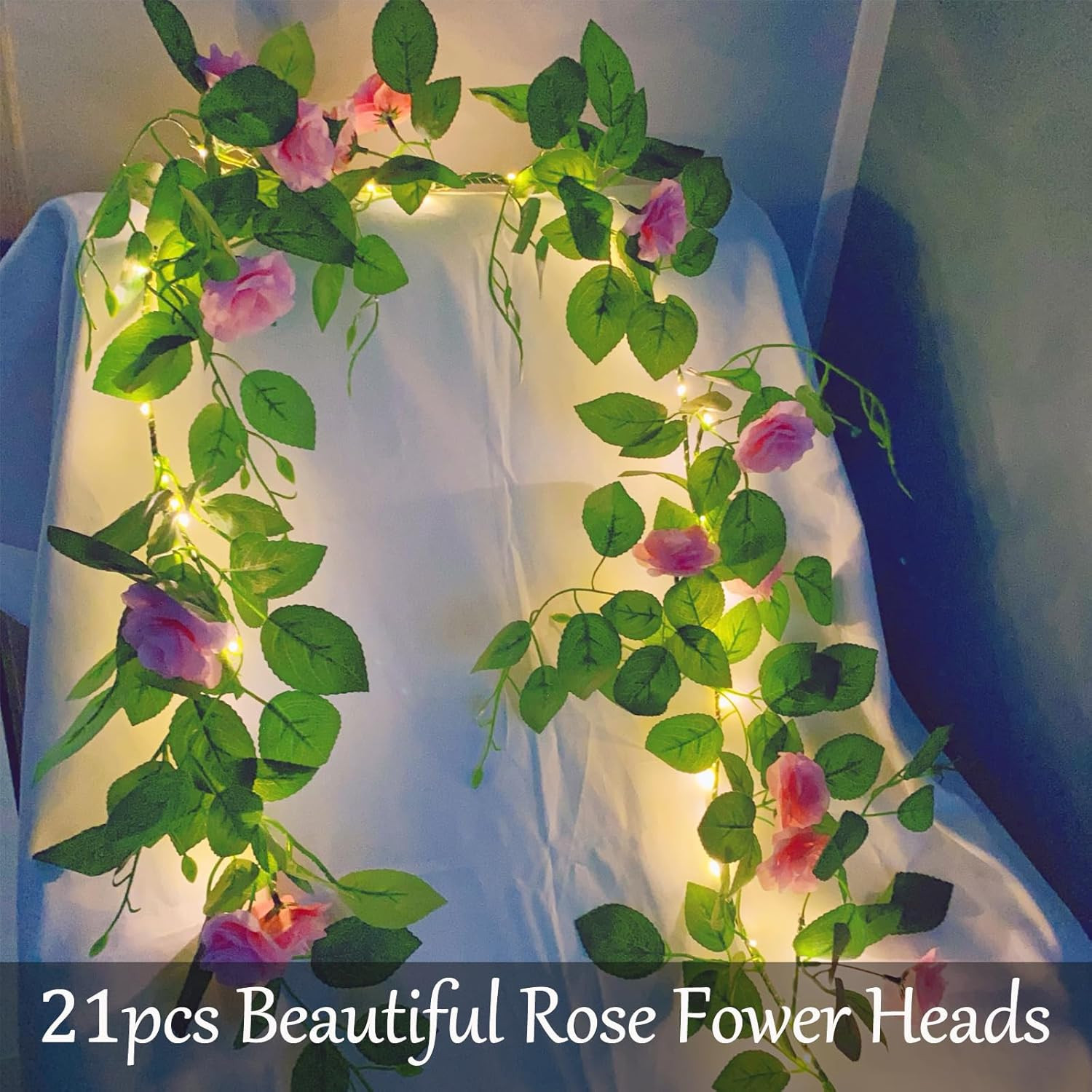 70 LED Artificial Rose Flower Garland with Lights Battery Operated with Timer &