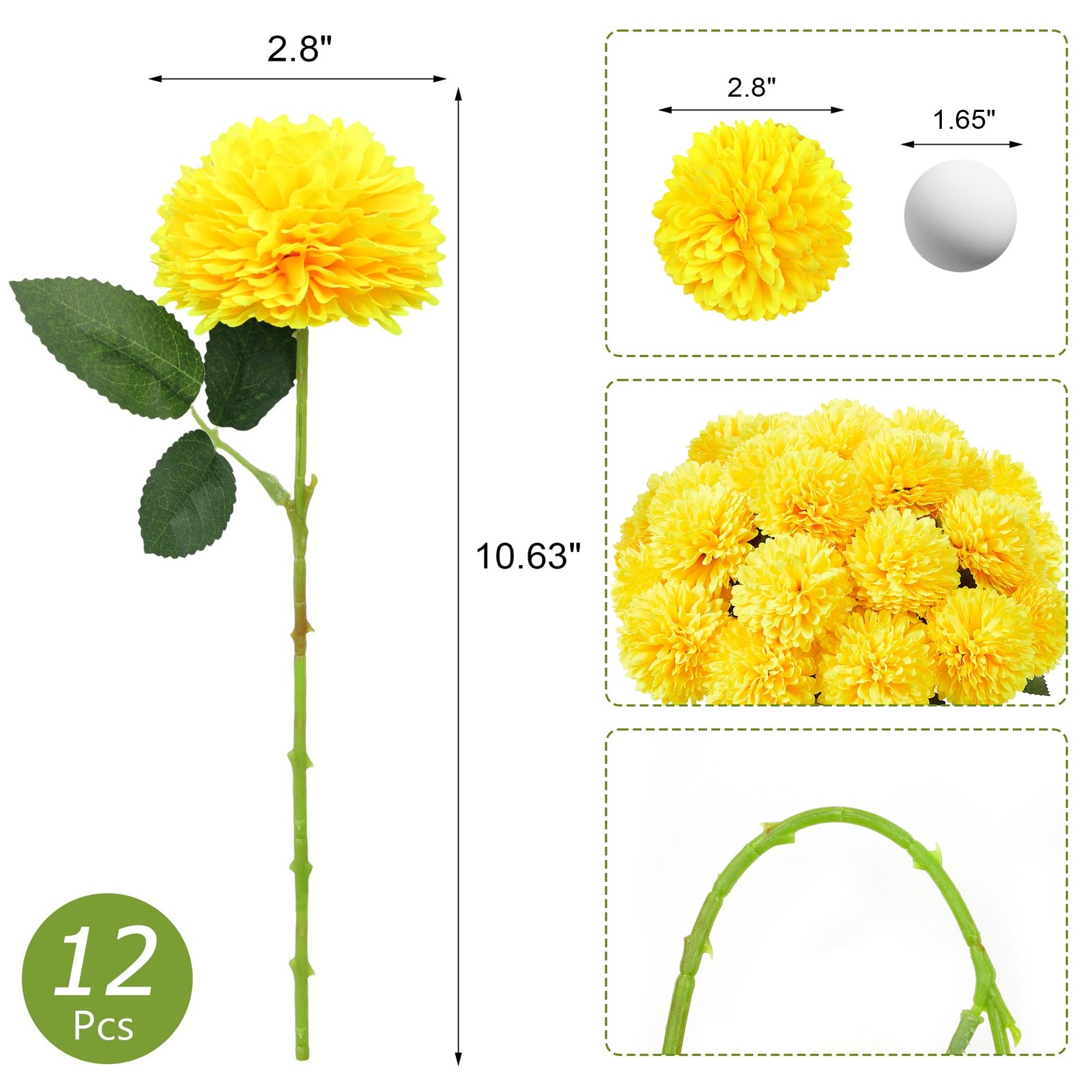 12 Pcs Yellow Artificial Chrysanthemums Flowers Ball Fake Mums Silk Decor