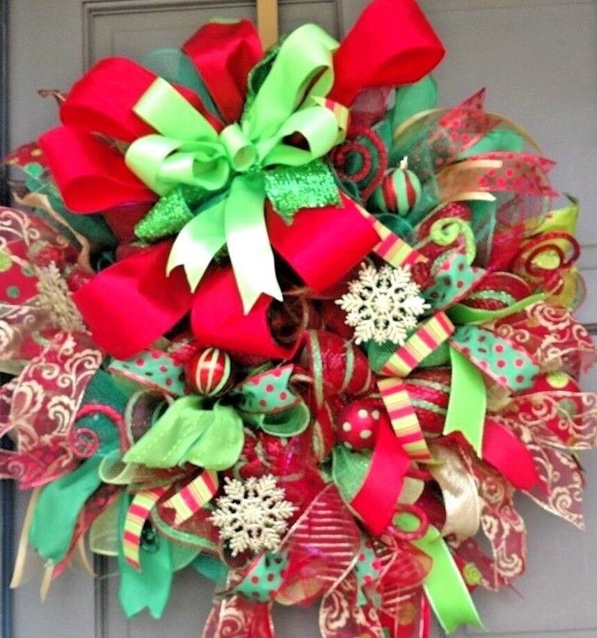 Handmade Christmas Front Door Wreath Large 24″ Deco Mesh Gold Snowflake Decor