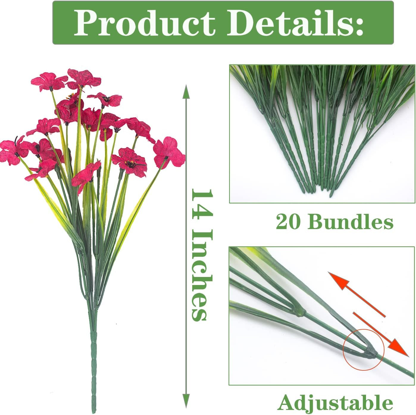 20 Bundles UV Resistant Artificial Flowers for Indoor & Outdoor Decoration