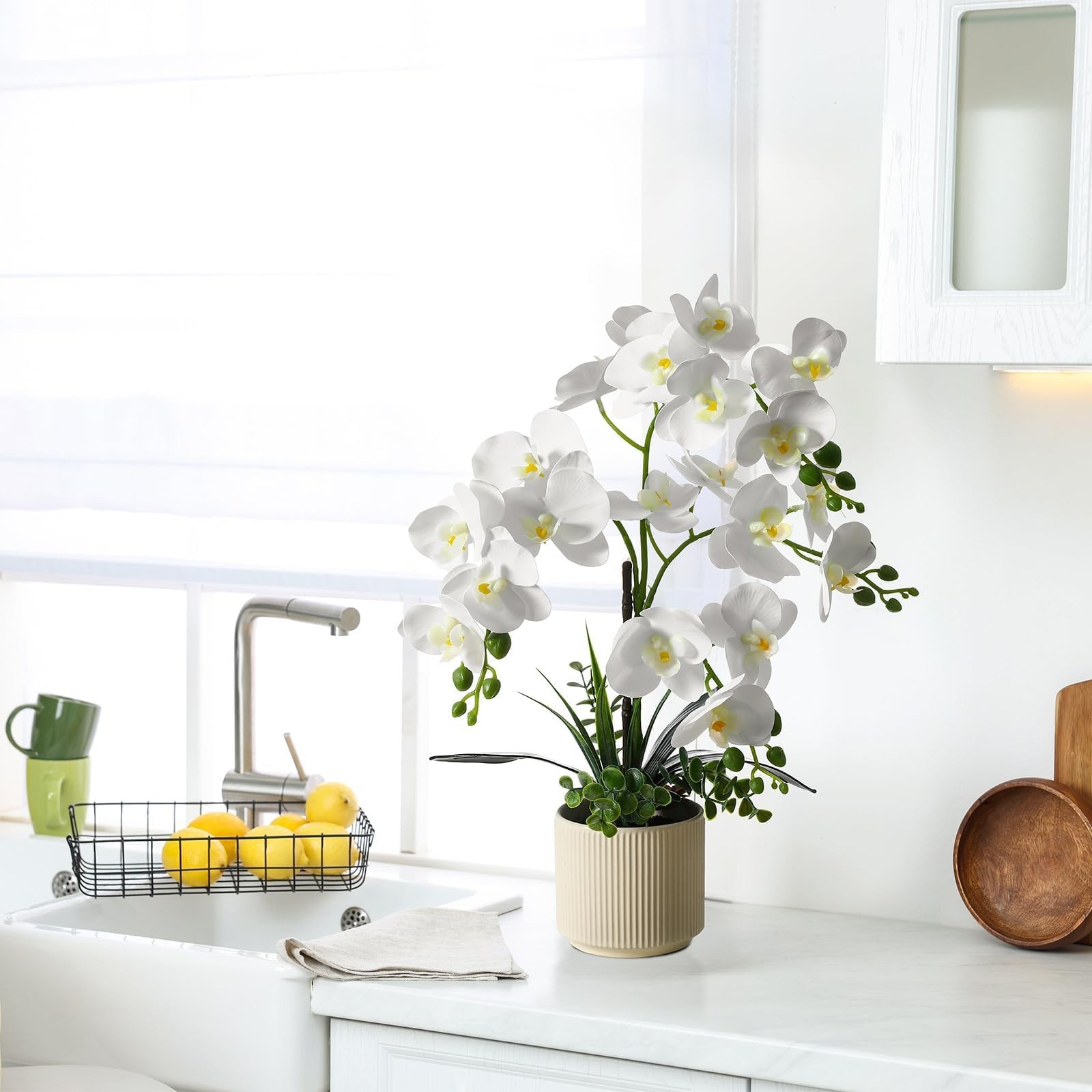 Upgraded White Artificial Orchid Flowers with Ceramic Vase Fake Orchids Real …