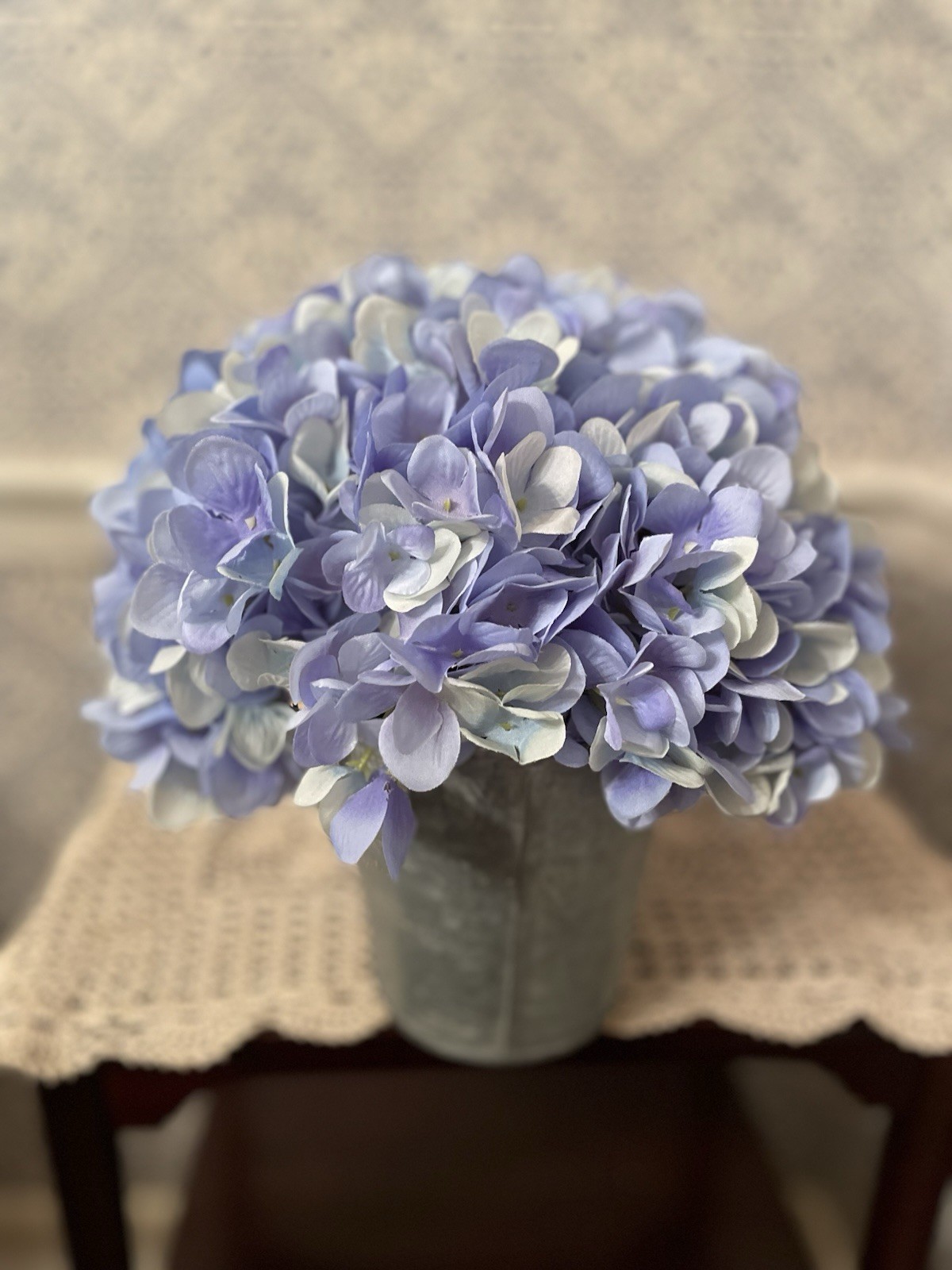 Blue Hydrangeas Silk Floral Table Arrangement In Metal Planter 12” Wide
