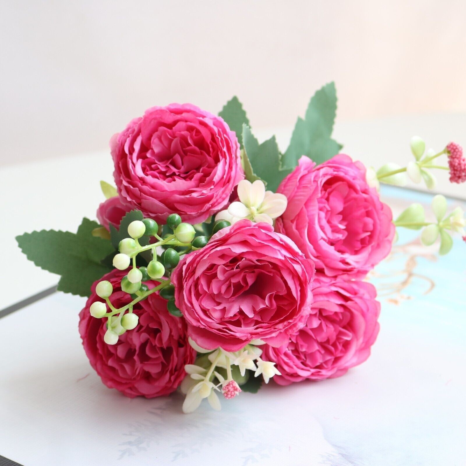 2 Bunches 9 Heads Silk Peony Artificial Flowers Wedding Bouquet Home Party Decor