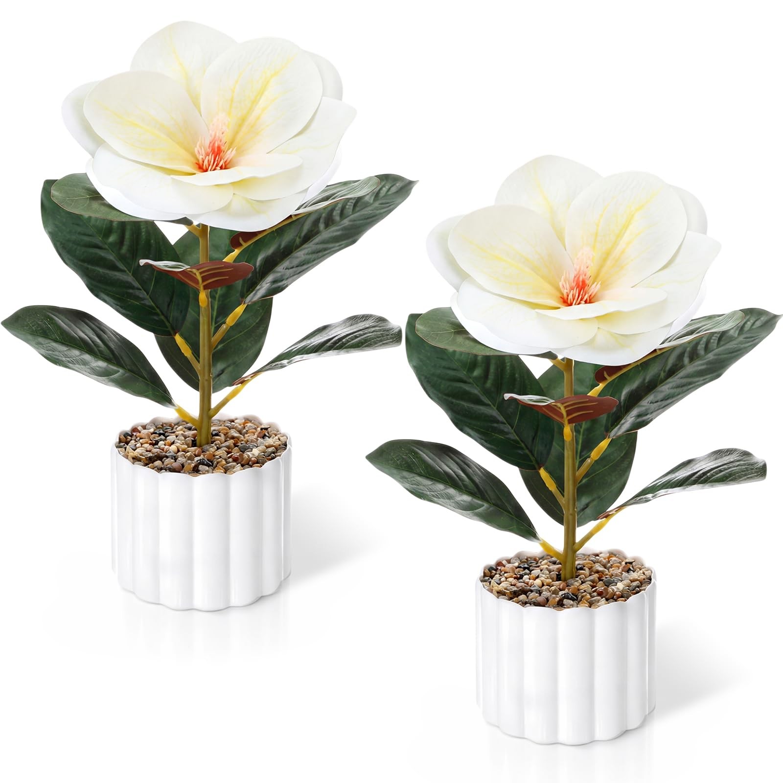 2 Pack 10.6″ Artificial Magnolia Flowers Potted Plant Real to Touch White Mag…
