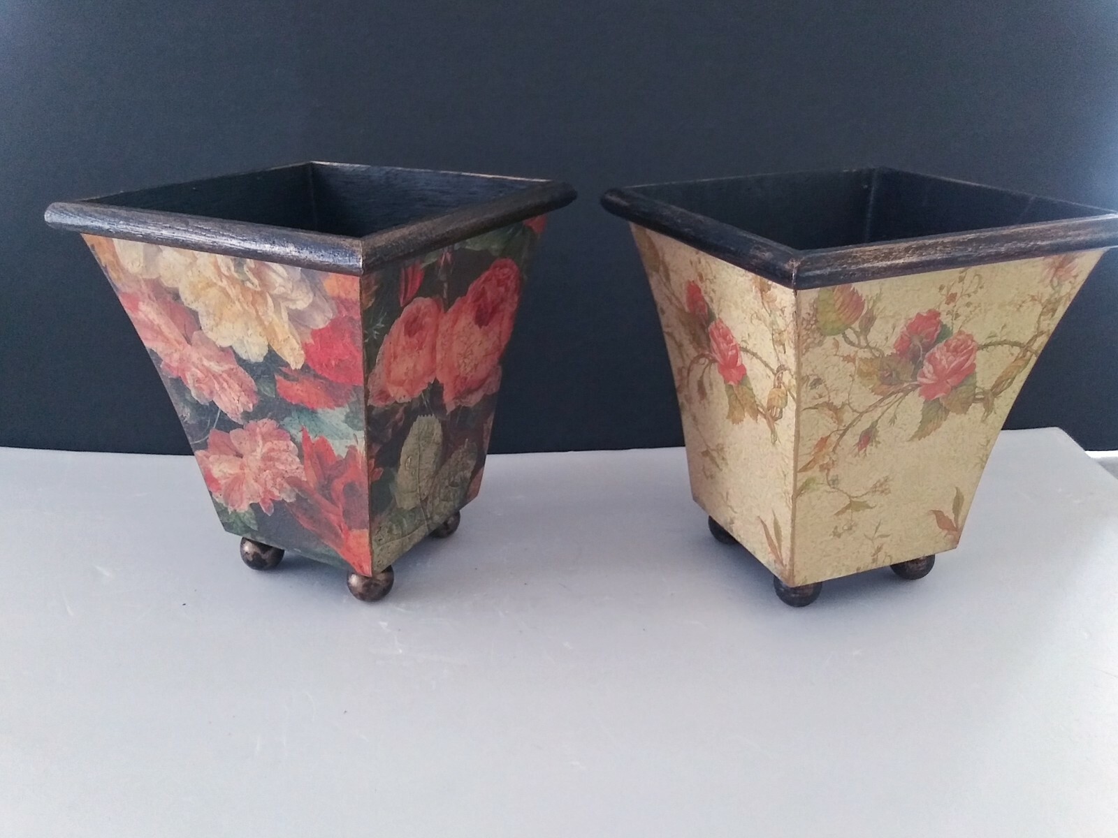 Absolutely Beautifully decorated Wooden Vases. Silk Flowers. Two pots!!