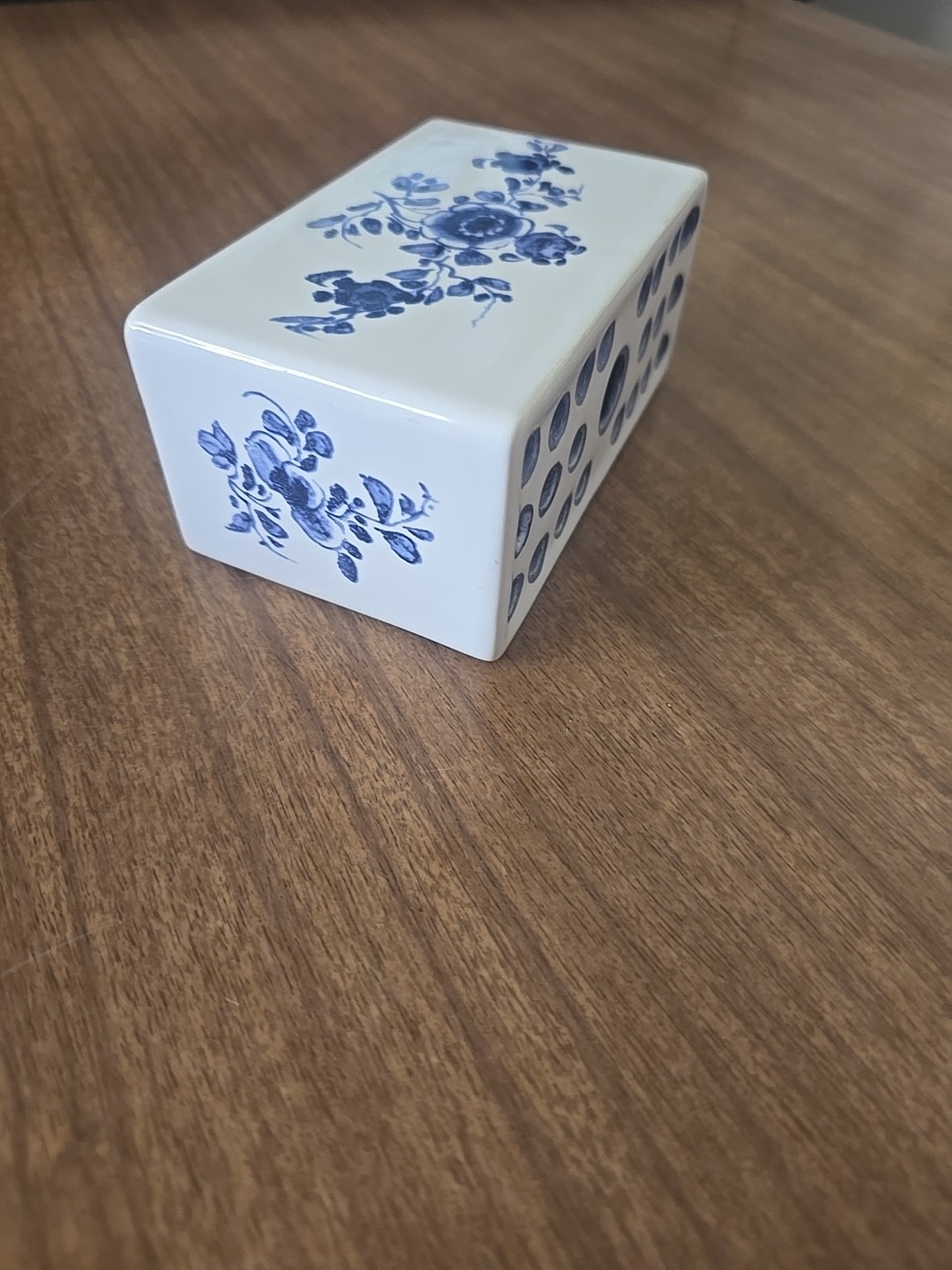Hand Painted Ceramic Blue and White Flower Frog Vase, 1992 Made in Portugal