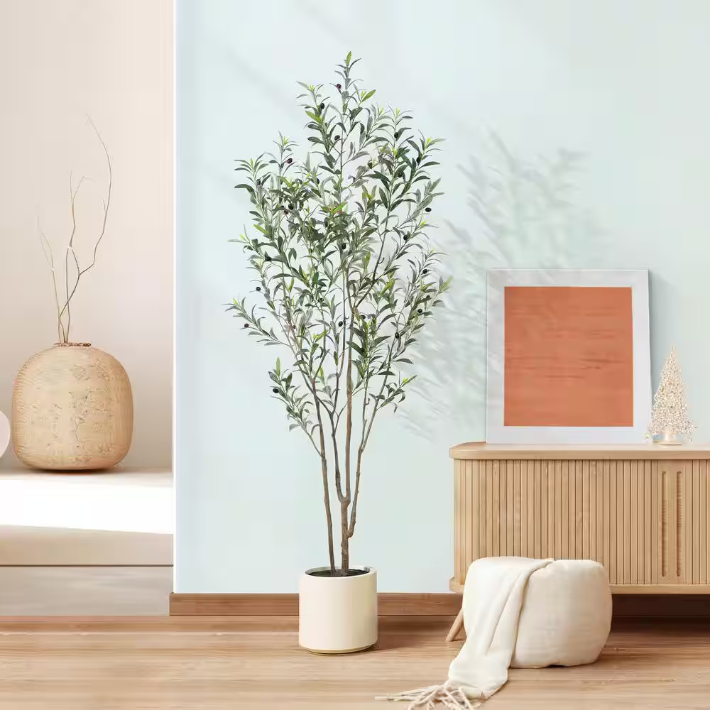 7 Ft. Artificial Olive Tree with White Planter, Large Faux Olive Silk Tree for I