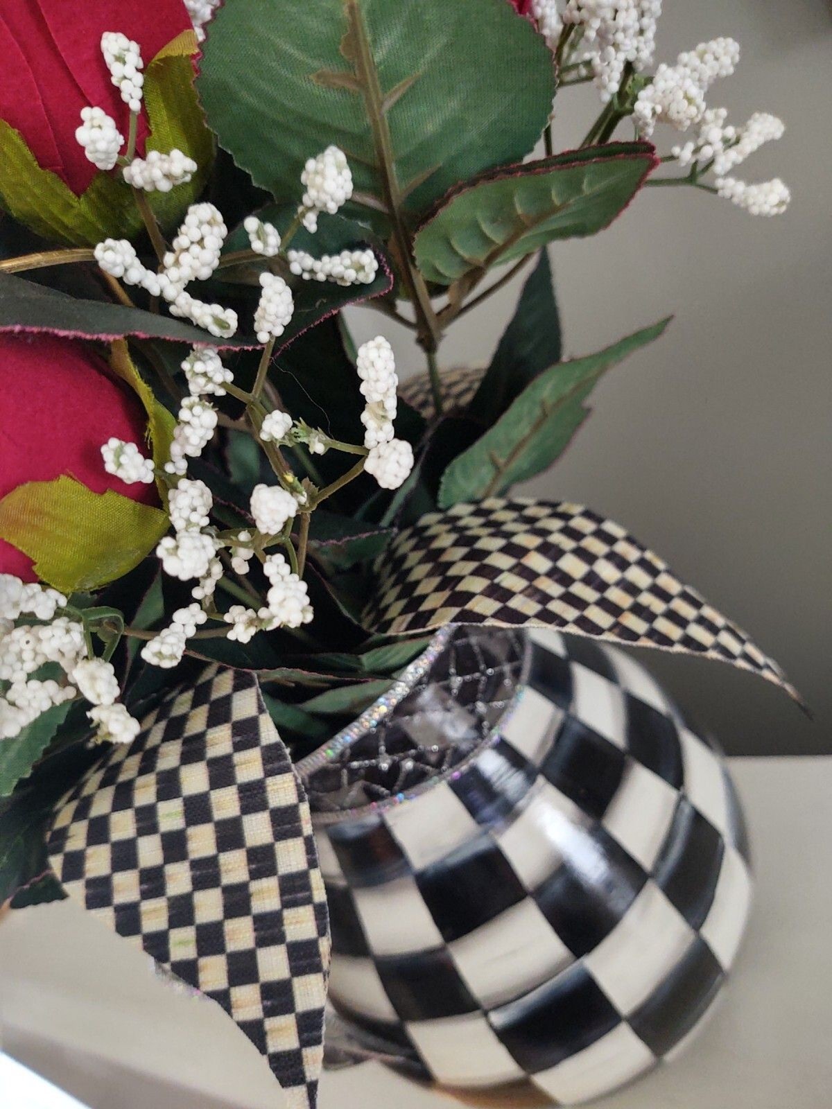 MY OWN HP Whimsical Vase & Red Rose Flowers w/ Designer Check Ribbon
