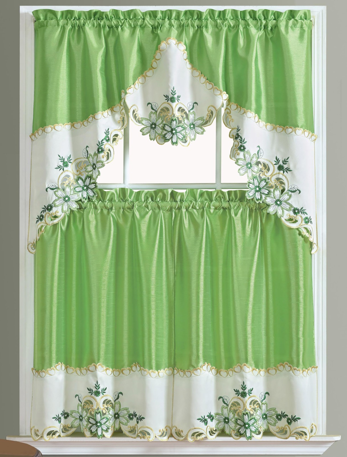 GOHD Arch Floral Kitchen Curtain Set/Swag 57x 35″/ 28x 35″x2pcs, Greenery