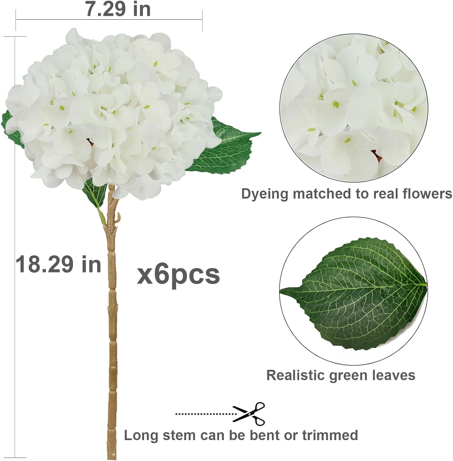 6PCS White Hydrangea Artificial Flowers, Bulk Silk Fake Flower with Stems, Faux